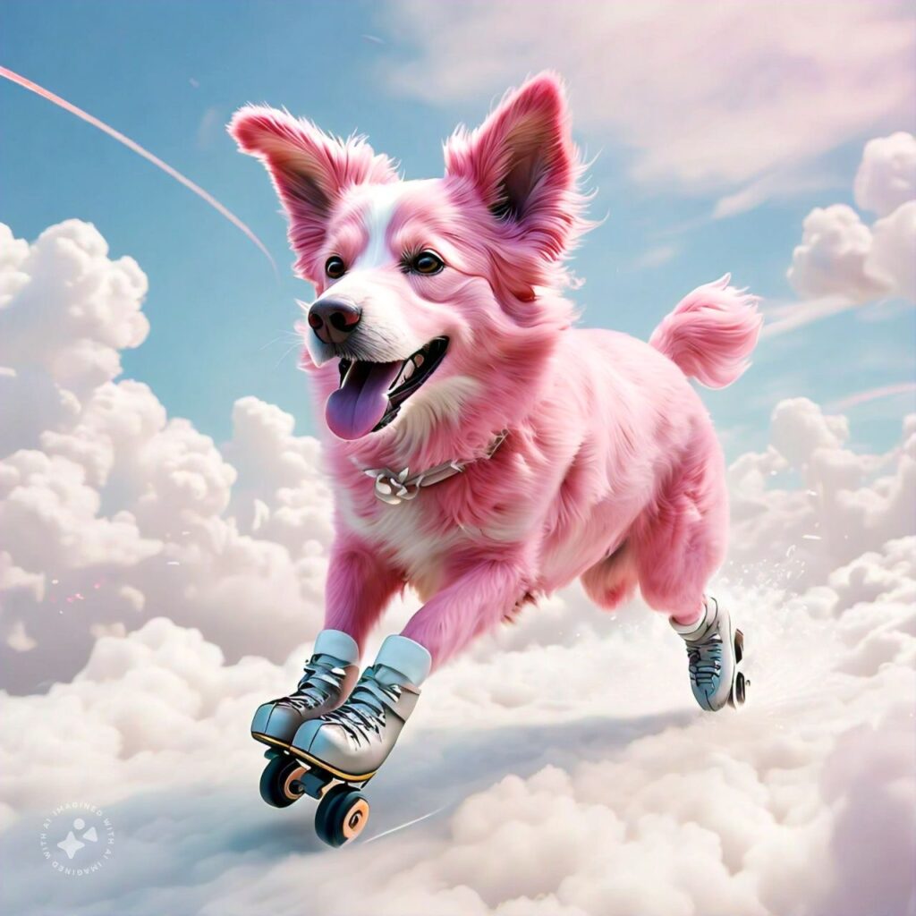 Perro de color rosa en patines en las nubes