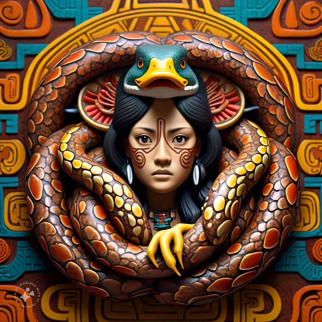 Cuerpo de serpiente azteca con cabeza de mujer y patas de pato