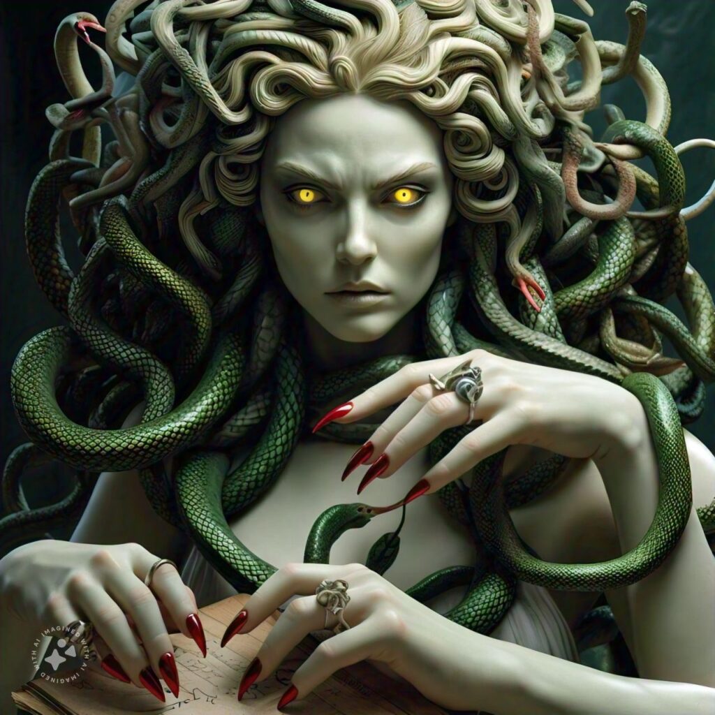 Medusa con cabellos de dedos largos con uñas rojas